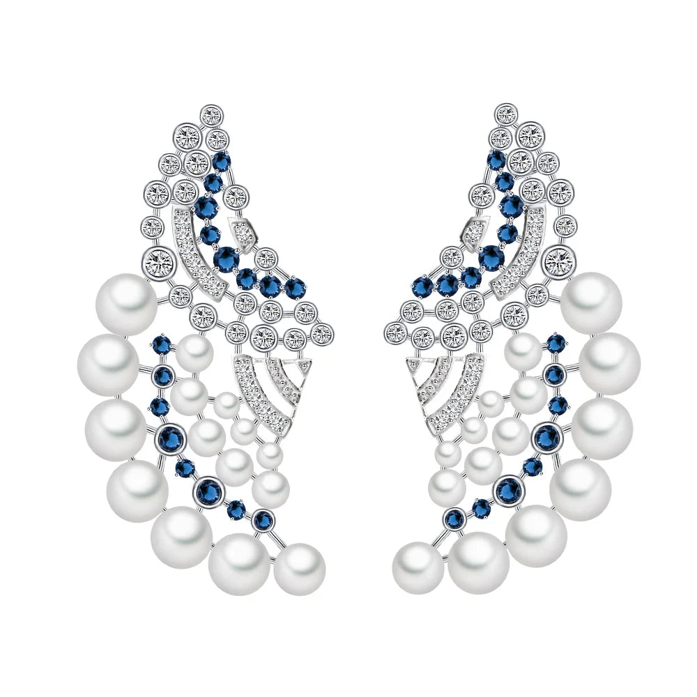 Elegant Blue Cubic Zircon Geometric Pearl Earrings for Women – Wedding & Party Jewelry