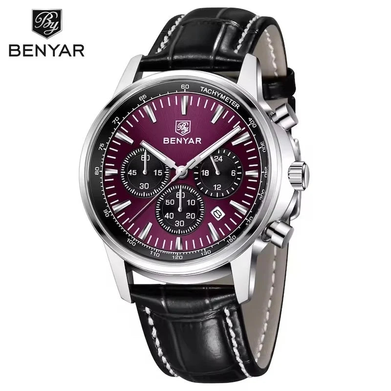 BENYAR 5213 Men's Luxury Quartz Chronograph Watch – Waterproof Leather Strap, Luminous Dial, Designer Sport Wristwatch for Men