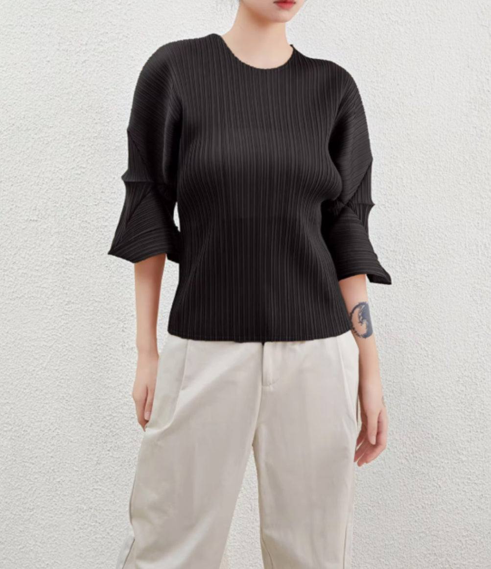 Women's Miyake Long Sleeve Pleated Top | Unique Stretch Design, Casual & Elegant Shirt Ava