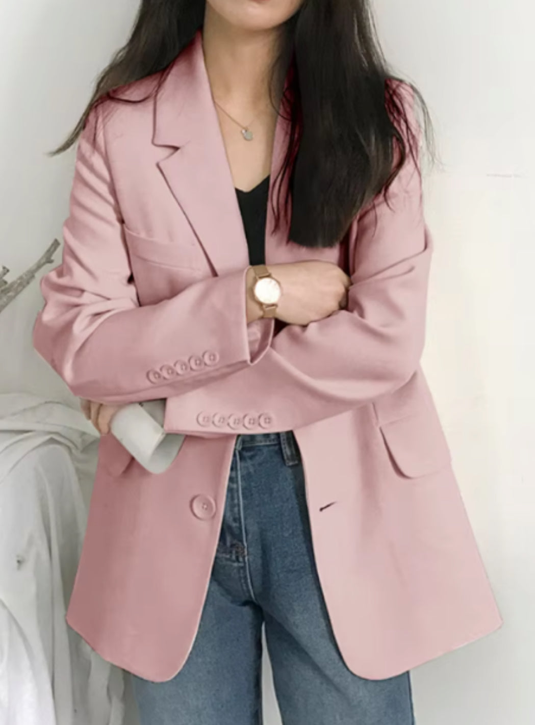 Women's Solid Long Sleeve Blazer with Pockets - Loose Fit Office Jacket