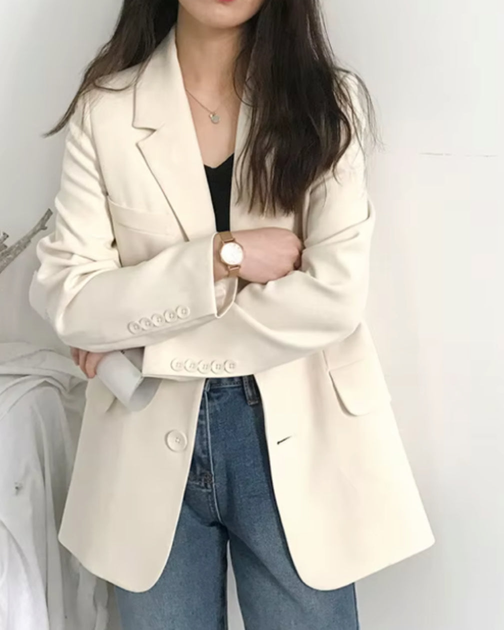 Women's Solid Long Sleeve Blazer with Pockets - Loose Fit Office Jacket