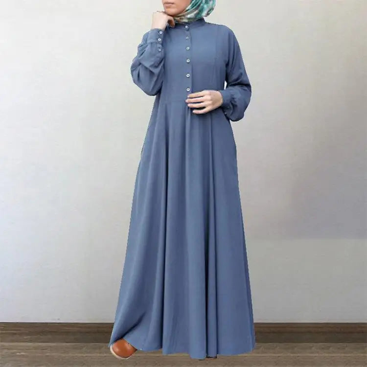 Long Sleeve Retro Ethnic Abaya with Buttons | Elegant Muslim Dress for Women Amira