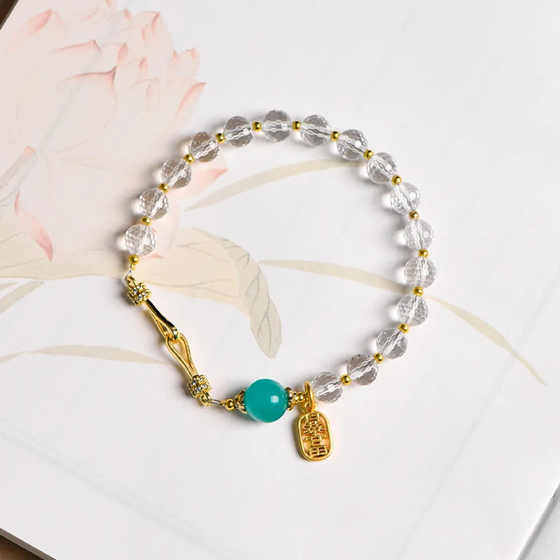 High-Quality White Crystal & Sea Blue Amazonite Beaded Bracelet – Trendy Natural Crystal Energy Healing Jewelry
