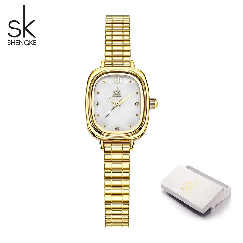 Shengke Women's Luxury Pink Pearl Dial Watch – Elegant Square Case Quartz Wristwatch, Minimalist Ladies Gift for Women