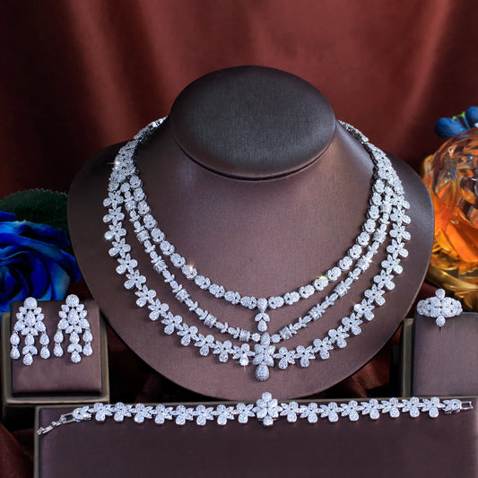 4pcs Luxury Triple-Layered Flower Jewelry Set – Necklace, Earrings & Tassel | Big Middle East Bridal Wedding Jewelry for Women Édith-Marie