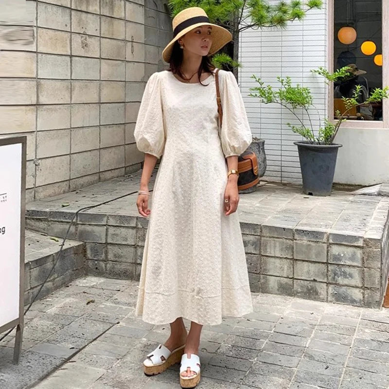 Spring Retro Women's Dress – Short Sleeve, Round Neck, Embroidered Hollow Design, Lace-Up Waist, Slimming Fit