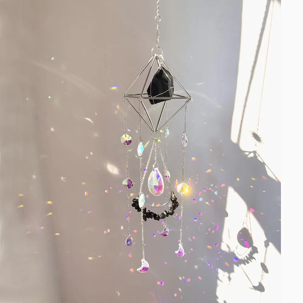 Natural Crystal Handmade Sun Catcher | Moon-Shaped Rainbow Prism Decor
