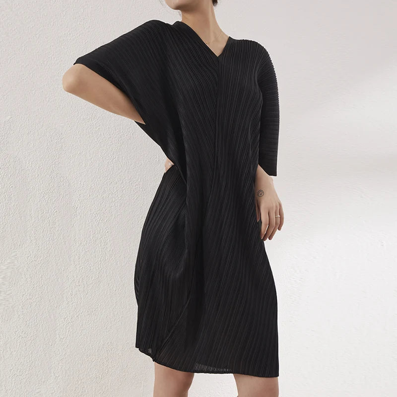 Summer Pleated V-Neck Dress | Miyake Style Mid-Length Loose Fit Plus Size Casual Women's Clothing Stella