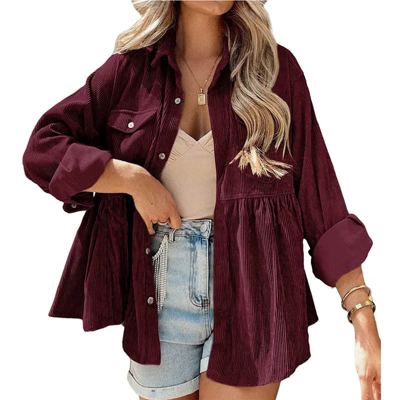 Women's Long-Sleeve Corduroy Ruffled Shirt with Button-Up Design – Elegant & Stylish Top