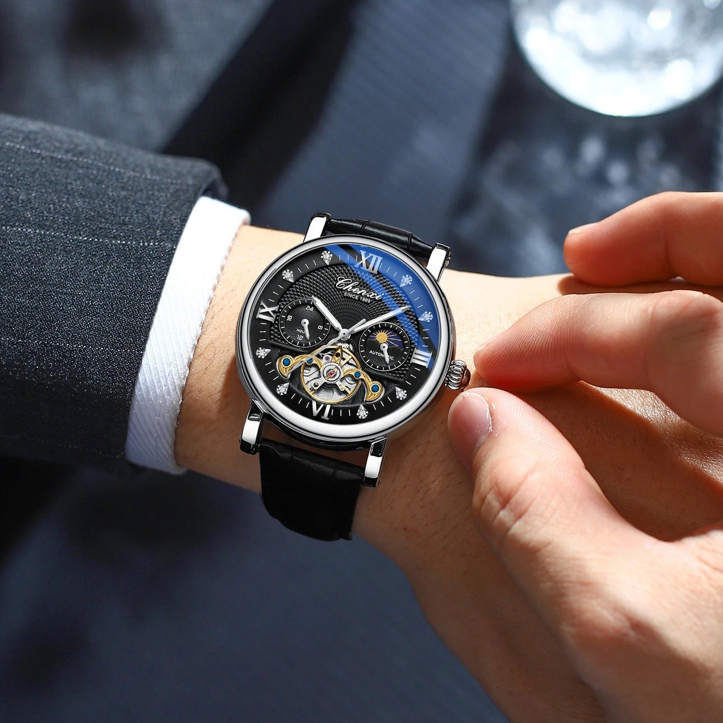 CHENXI
8876 Men’s Luxury Automatic Mechanical Watch – Waterproof Genuine Leather Fashion Wristwatch, Perfect Gift for Men