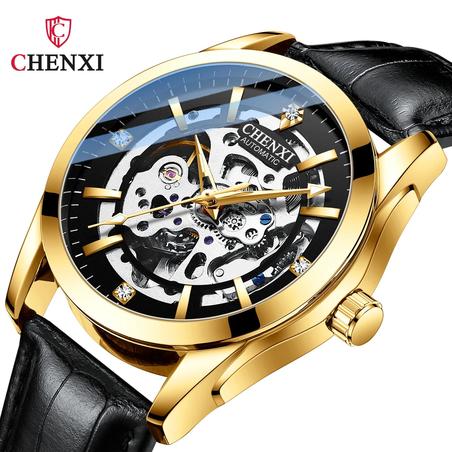 CHENXI
8821 Men’s Transparent Skeleton Watch – 40mm Automatic Movement, Waterproof Leather Wristwatch
