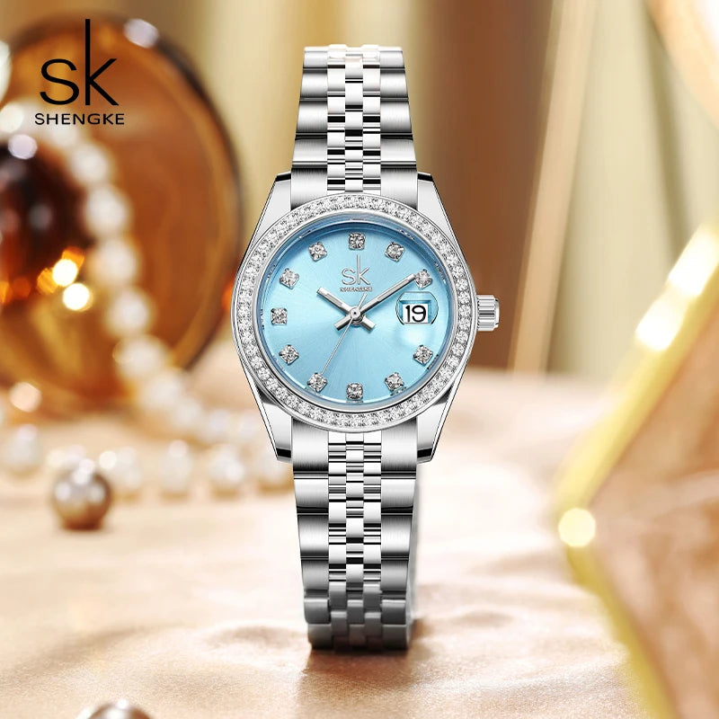 Shengke Elegant Women's Crystal-Accented Quartz Watch with Solid Alloy Steel Band and Calendar – Perfect Dress Watch for Women