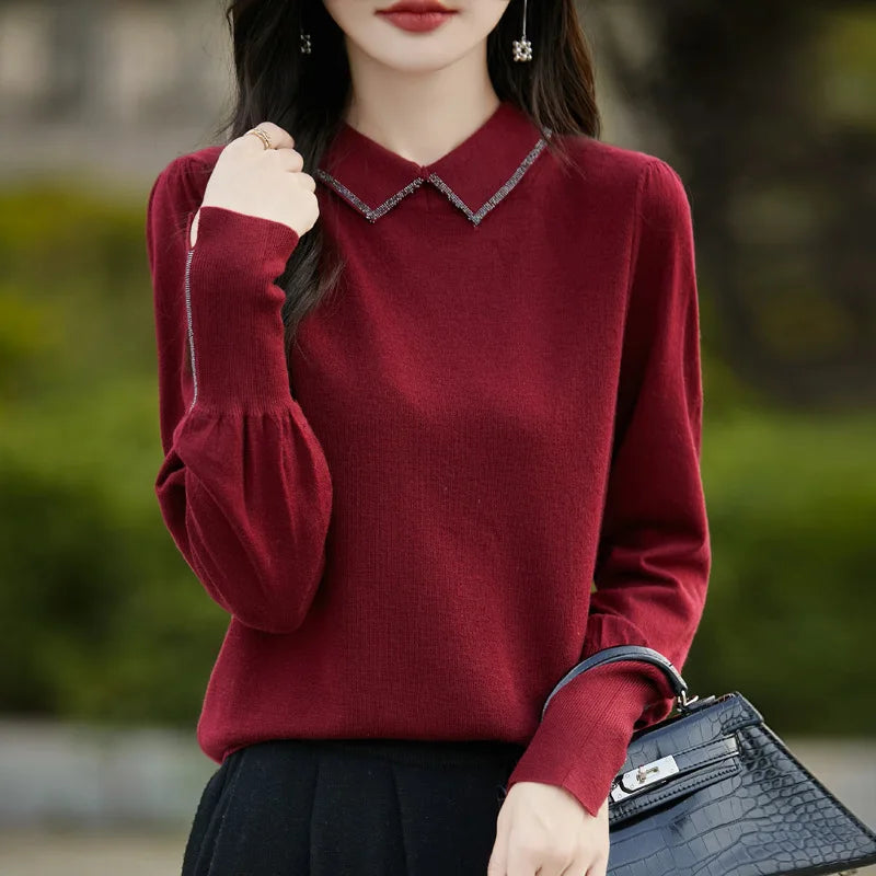Women’s Autumn Lantern Sleeve Knitted Sweater – Casual Versatile Pullover with Fashion Collar
