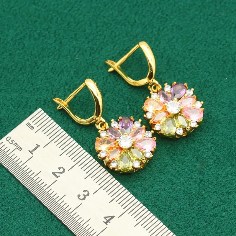 Gold-Plated Silver Wedding Jewelry Set for Women – Multi-Color Zircon Earrings, Bracelet, Pendant Necklace, and Ring Gift Aurelie