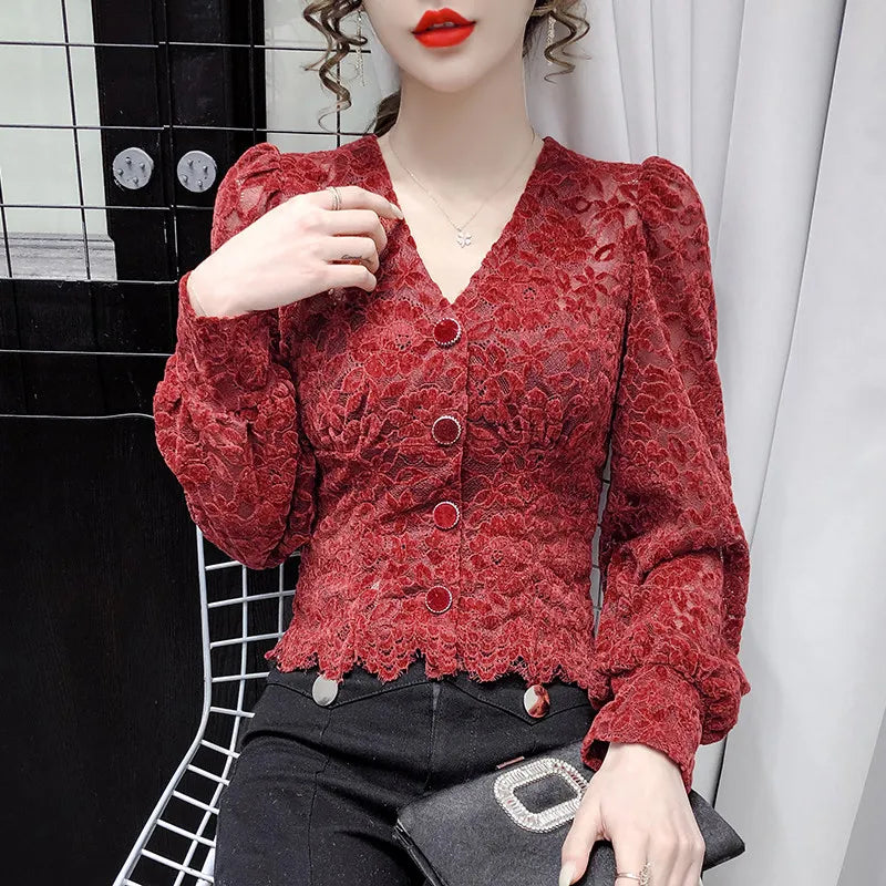 Women's Lace Shirt – Solid Color, Puff Long Sleeve, French V-Neck, Button-Down Mesh Transparent Casual Top