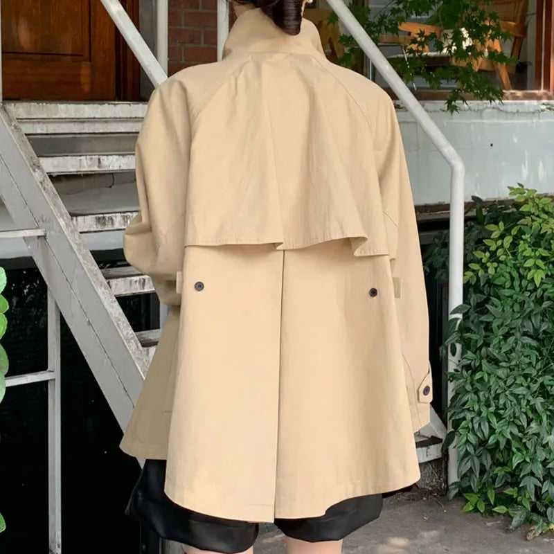 Korean Retro Short Trench Coat – Autumn British Style Stand-Up Collar Cloak Design Meg