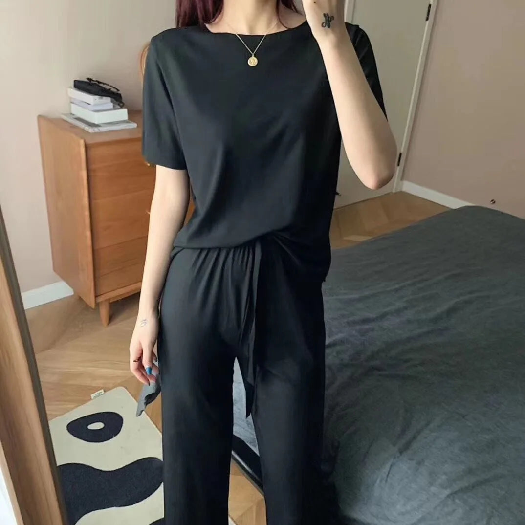 Women's Summer Casual Two-Piece Set – Solid Color Short Sleeve T-Shirt and Wide-Leg Trousers