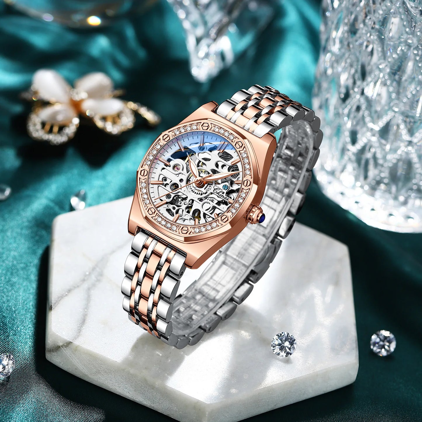 CHENXI Women’s Skeleton Diamond Automatic Watch | 8848 Luxury Stainless Steel Mechanical Wristwatch – Waterproof Bracelet for Girls & Women