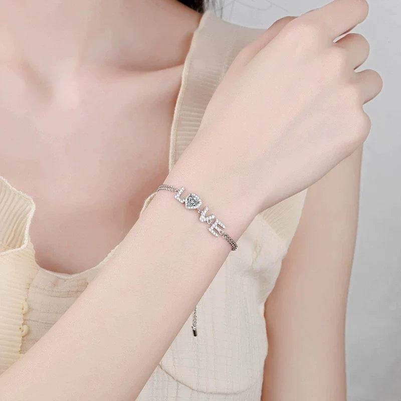 925 Sterling Silver VVS Moissanite Bracelet – Rhodium-Plated Love Letter Design Bangle for Valentine's Day Gifts Greta