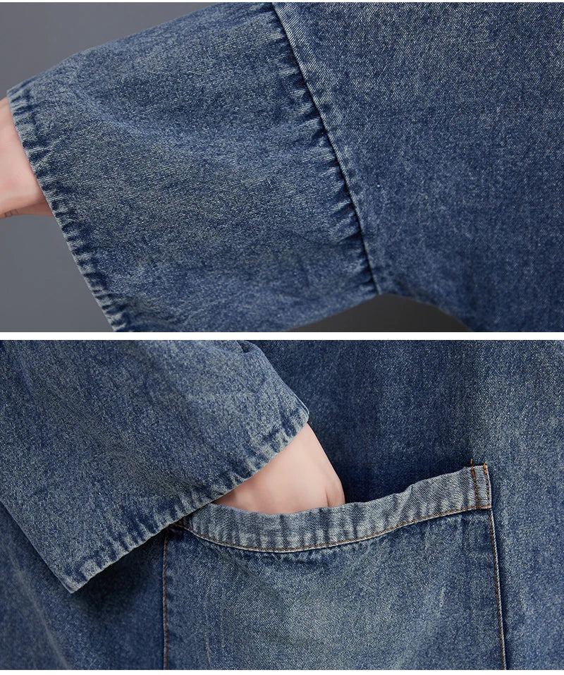 Vintage V-Neck Denim Trench Coat – Casual Medium-Length Jacket with Pockets Harper