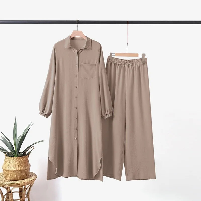 Muslim Women's Arabic Style Two-Piece Outfit – Long-Sleeve Shirt and Trousers Set for Modest Fashion Hiba