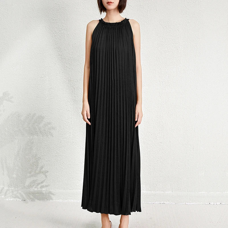 Women's Halter Neck Sleeveless Dress | Metallic Polyester Flowing Pleated Beach Tank Dress Juliette