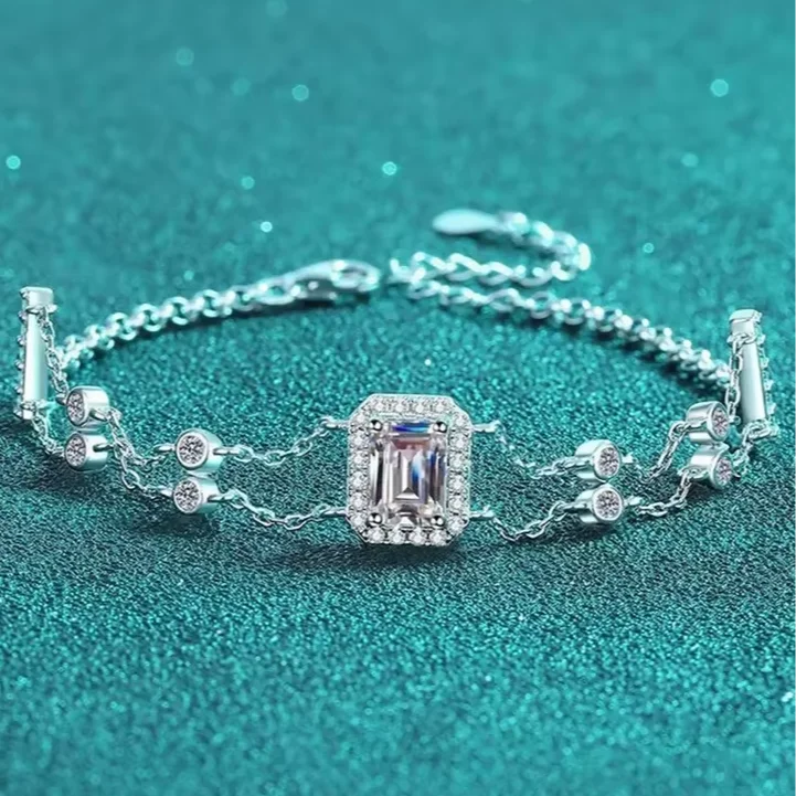 Luxury 925 Sterling Silver Bracelet for Women | 1ct VVS D Color Emerald Cut Moissanite Diamond | Perfect for Engagements, Parties, and Special Occasions