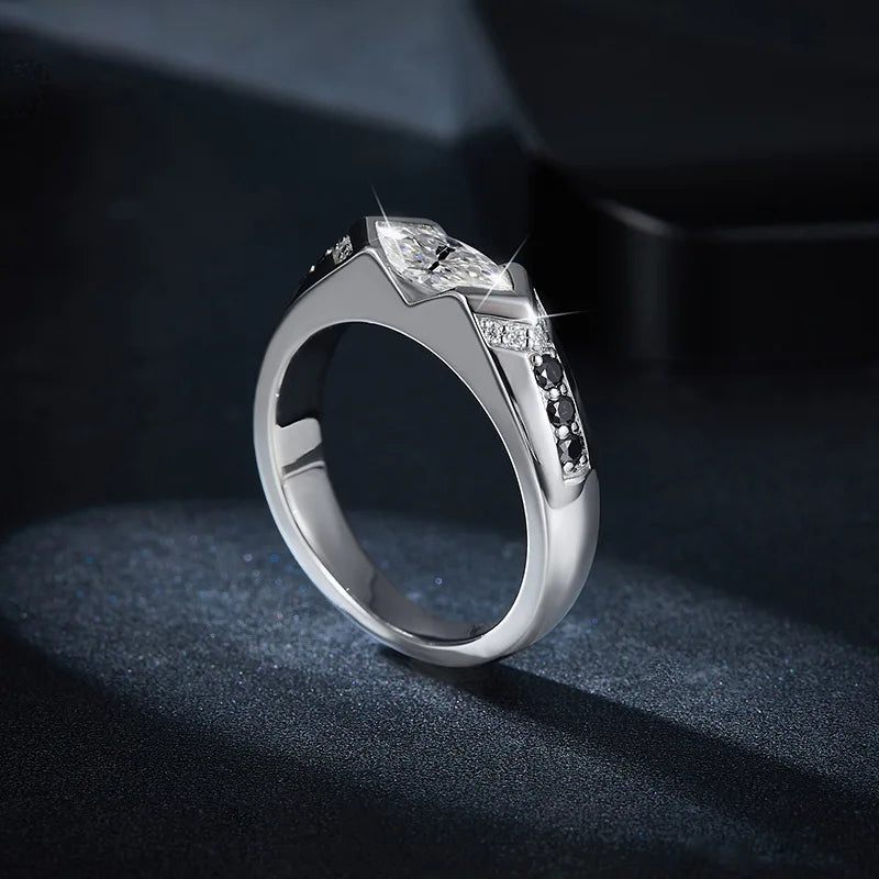 S925 Silver Marquise Rhombus Moissanite Ring – High-End Hip-Hop Style with Black and White Contrast, Perfect for Couples
