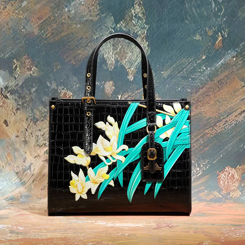 Women's Square Tote Handbag with Fashionable Floral Print, Adjustable Handle, and Zipper Closure Caterina