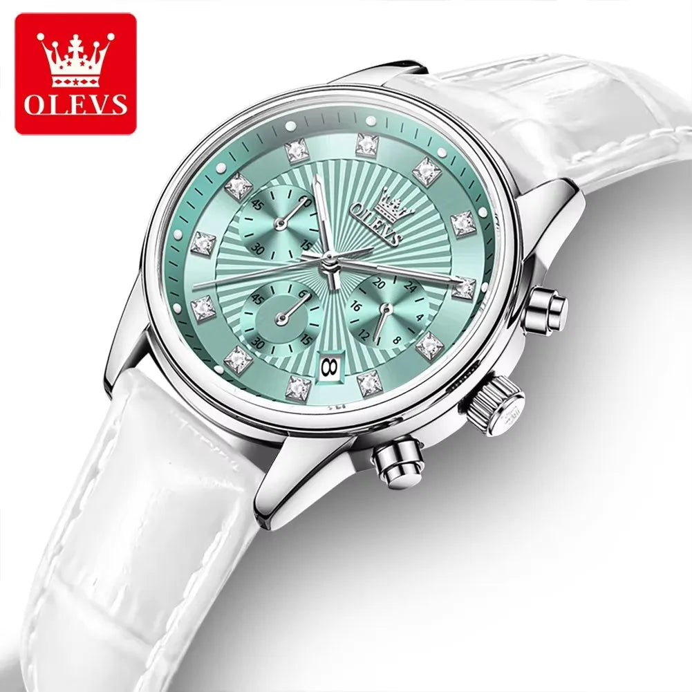 OLEVS 3669 Women's Quartz Watch – Multifunctional Elegant Wristwatch with White Leather Band, Calendar, and Luminous Hands – Perfect Gift for Ladies