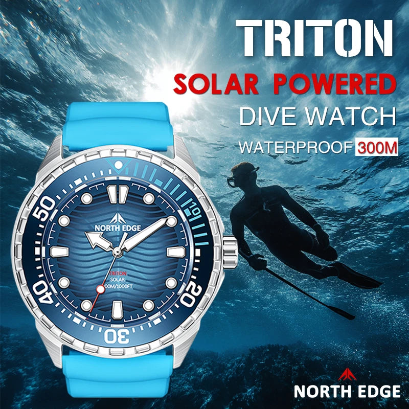 North Edge TRITON Solar-Powered Diving Watch – Men’s Quartz Watch with 316L Stainless Steel Case