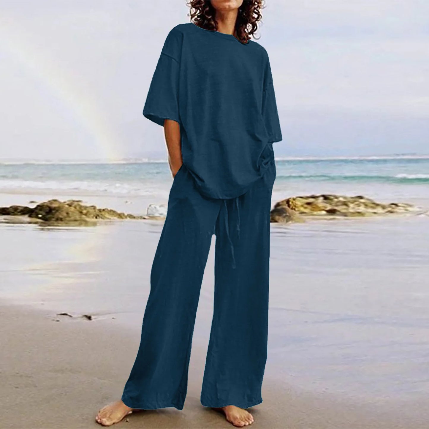 Spring & Summer Women's Cotton Linen 2-Piece Set – Casual High-Quality Half Sleeve O-Neck Top with Wide-Leg Pants