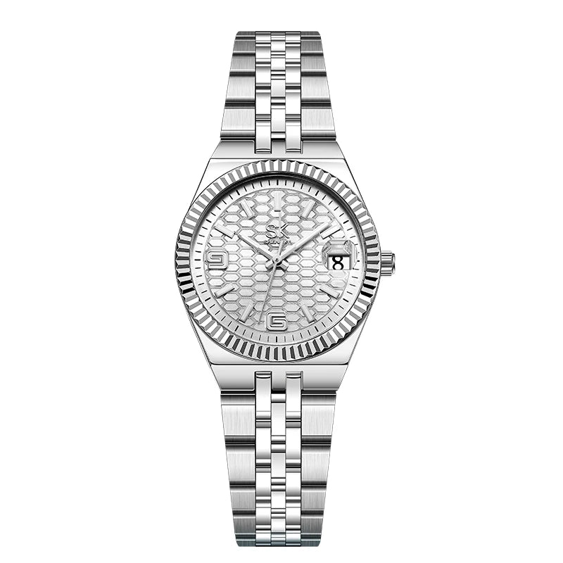 SK Popular Design Women’s Quartz Watch – Luxury Stainless Steel Band Wristwatch, Waterproof Fashion Ladies Timepiece Lysandra