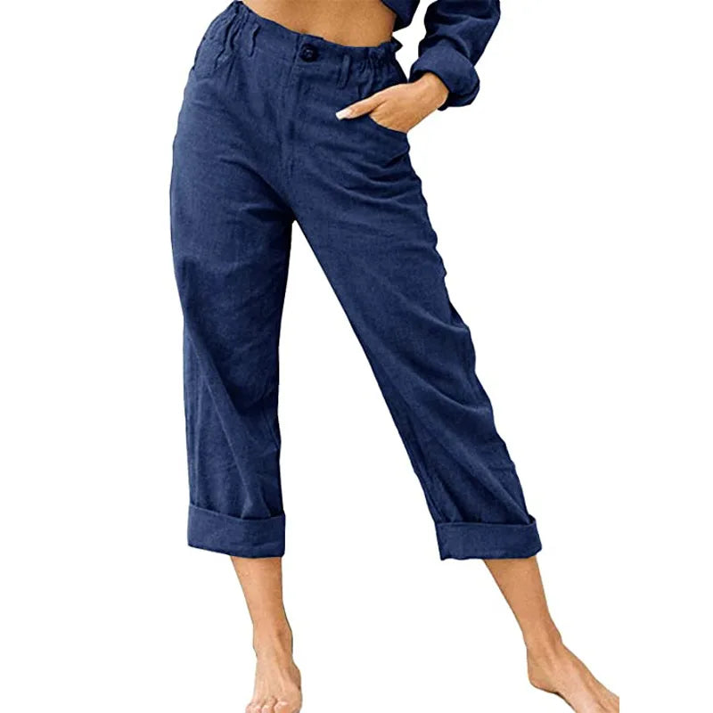 Summer High-Waist Cotton Linen Trousers | Loose Fit Casual Solid Color Pants for Women Trina