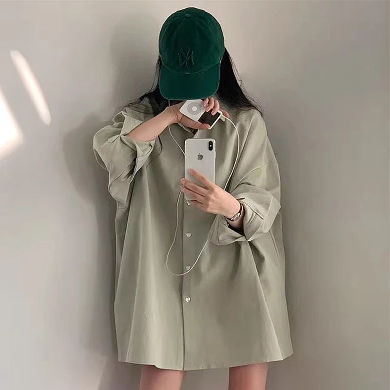 Summer Loose Fit Women's Long Sleeve Shirt – Polo Collar, Single-Breasted, Solid Color Design