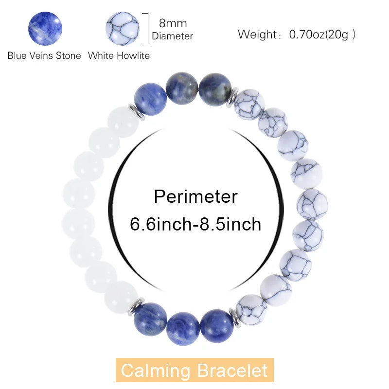 8mm Blue Veins Stone & Green Natural Stone Bracelet | Handmade Elastic Healing Beaded Jewelry with Flower Design Anaya