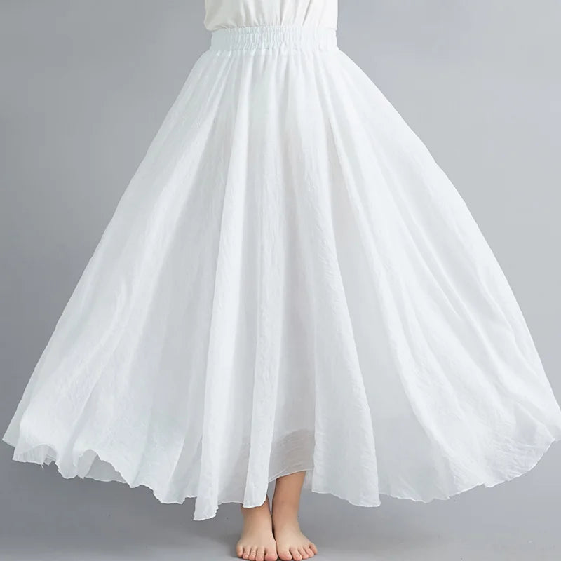 Women Loose Cotton Linen Elastic Waist A-line Solid Color Pleated Skirt