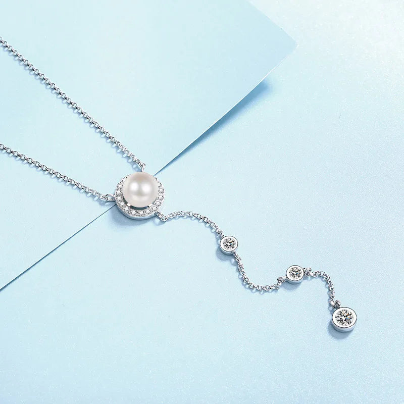 S925 Silver 0.5ct Moissanite & Freshwater Pearl Tassel Necklace | Korean Style Luxury Jewelry | Simple, Elegant Design for Parties & Special Occasions Agathe