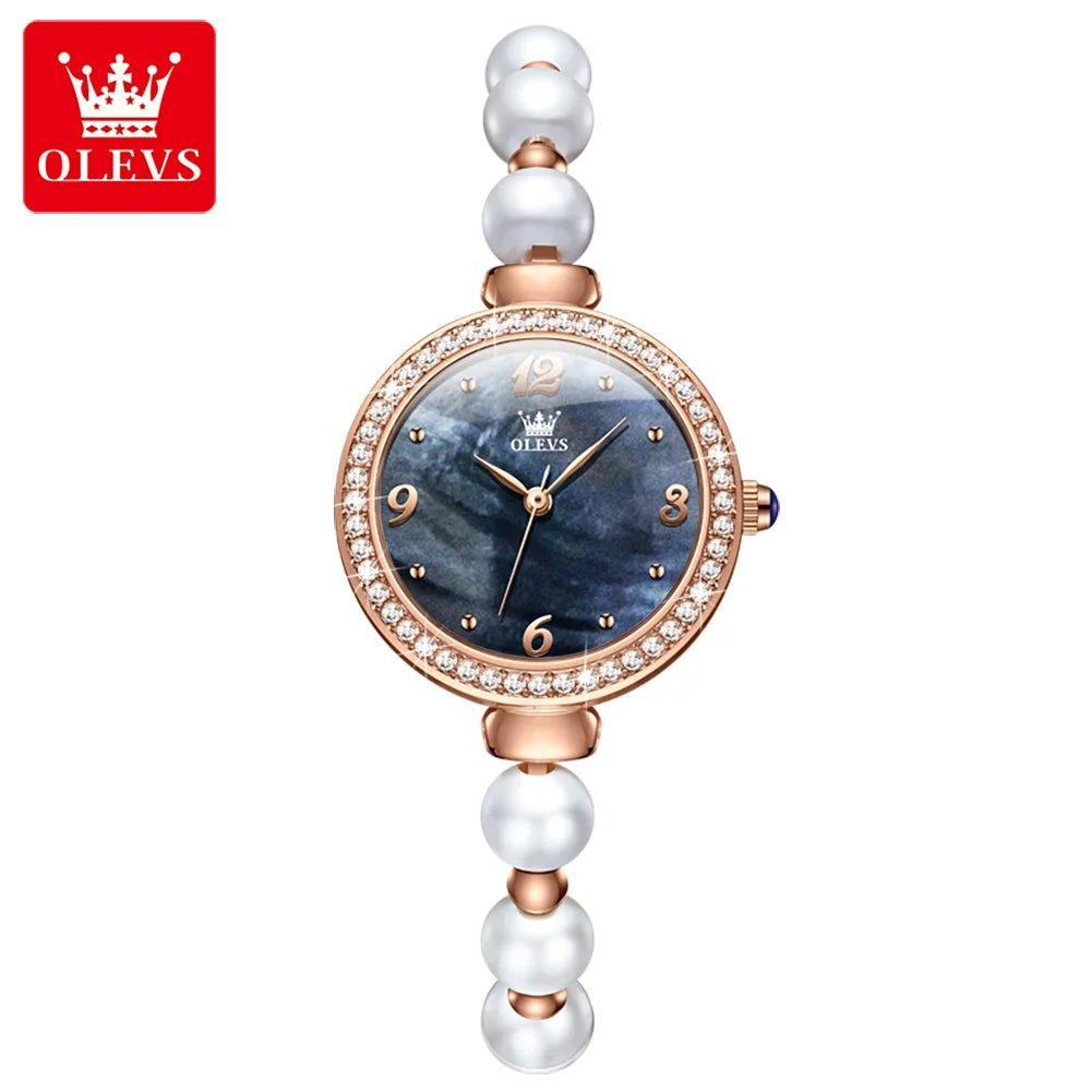 OLEVS 9968 Women's Luxury Leather Wristwatch – Quartz Bracelet Watch with Diamond Accents and Pearl Winding Mélusine