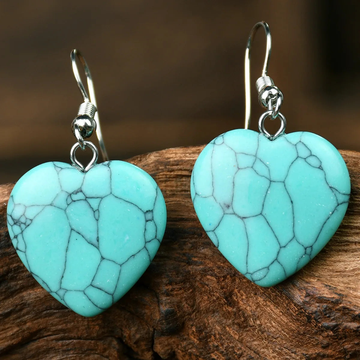 Natural Stone Dangle Earrings – Turquoise, Amethyst, Tiger Eye Heart Design, Handmade Jewelry for Women