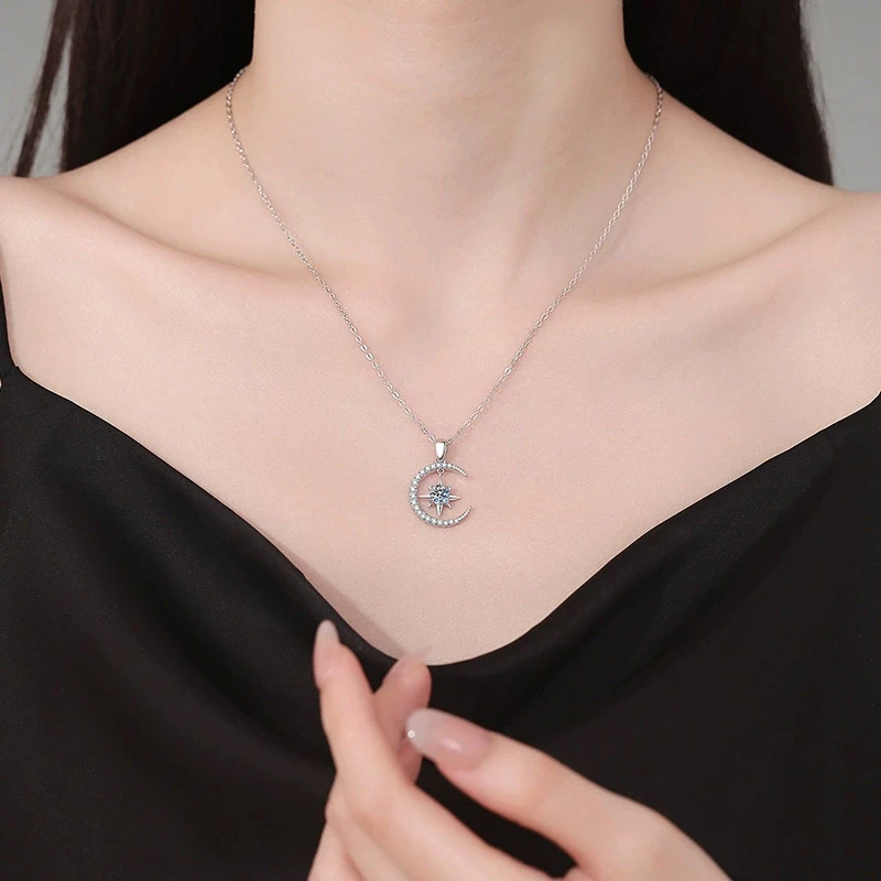 D Color Moissanite Necklace – 925 Sterling Silver Moon & Star Pendant for Women