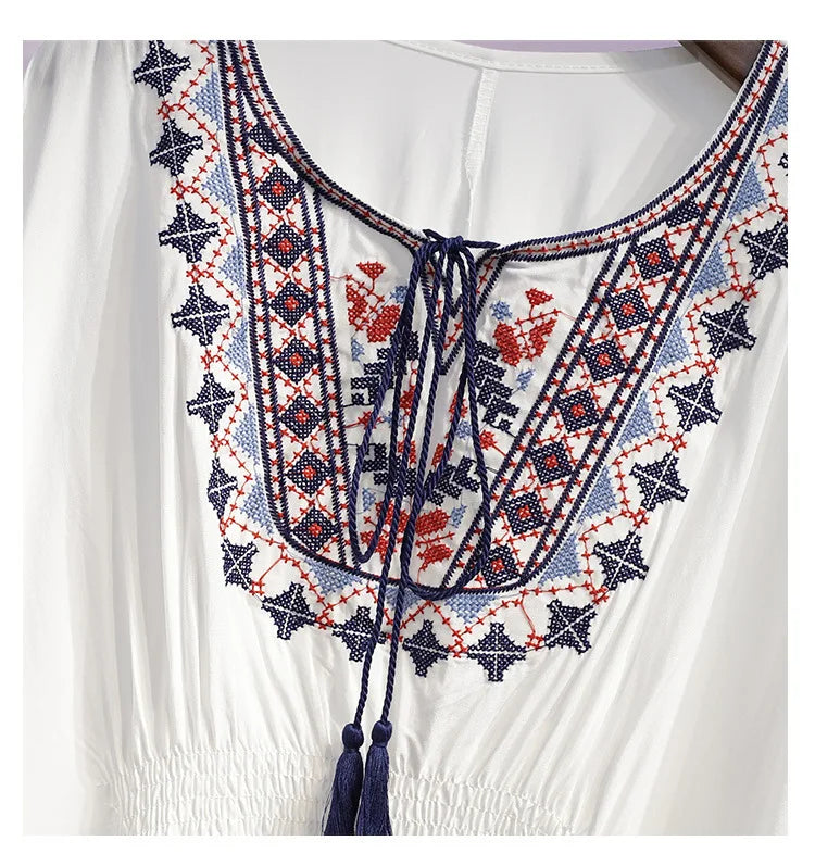 Women's Summer Blouse | Retro Lace Panel Print Design, Chic Medium-Length Loose Fit Top Camille