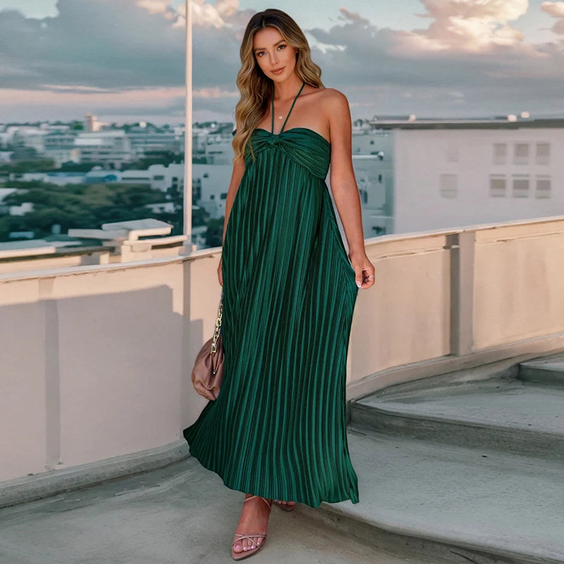 Women's Backless Pleated Halter Dress | Elegant Summer Ball Gown Midi Sabrina