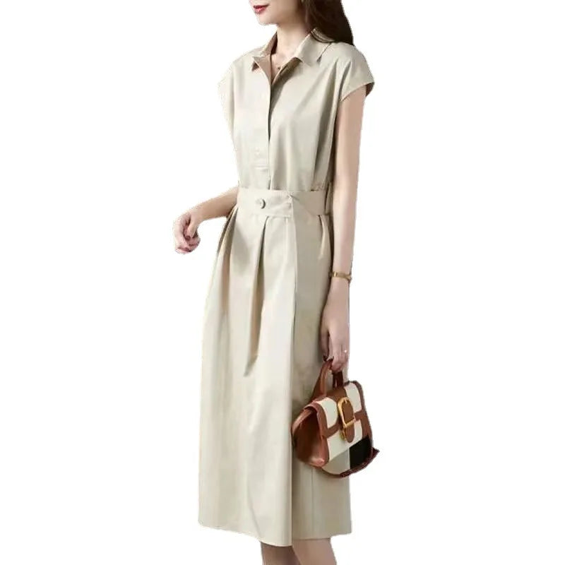 Summer Women's Solid Color Short Sleeve Shirt Dress – Waist Tie, Loose Fit, Slim and Stylish Design Zélie