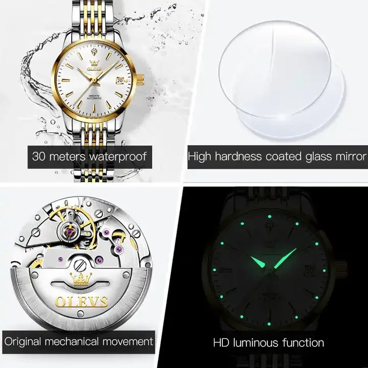 Olevs 6635 Automatic Luxury Watch - Women's Stainless Steel Strap, Classic Fashion Design, Mechanical Movement with Calendar & Date