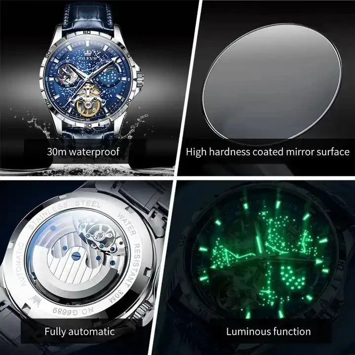 OLEVS 6689 Men's Automatic Mechanical Watch – Luxury Skeleton Design with Starry Sky Dial, Multifunctional Features, Stainless Steel, and Leather Strap