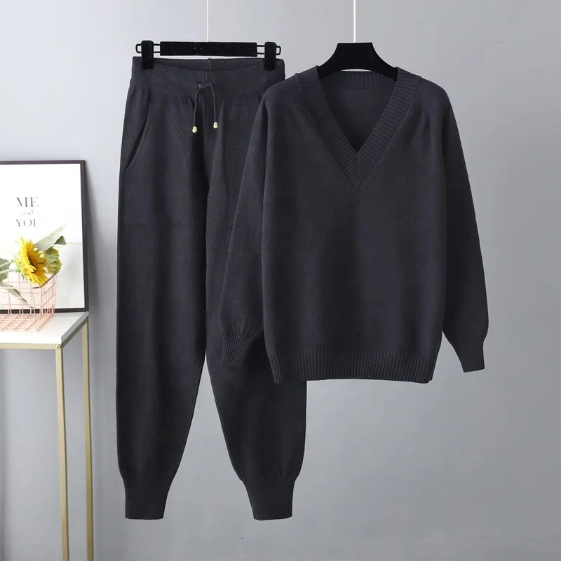 Autumn & Winter Women's Sweater Two-Piece Set – Casual Knit Jumper and Harun Pants Outfit Harlene