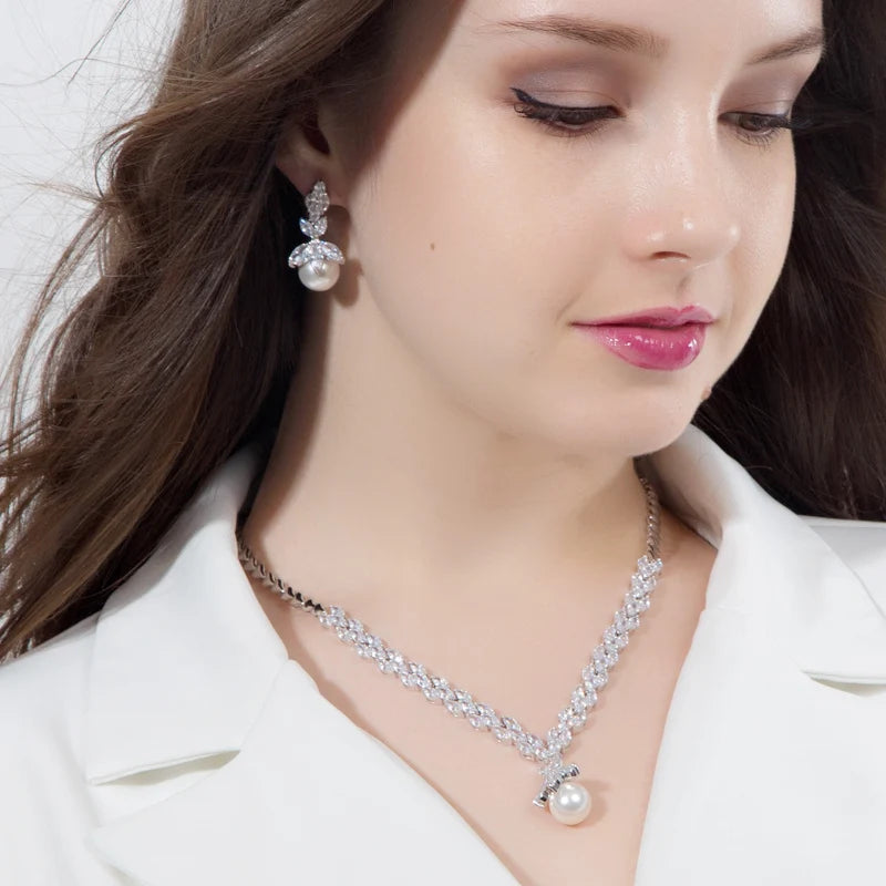 3pcs Silver Marquise-Cut Cubic Zirconia Jewelry Set – Big Pearl Drop Earrings, Bracelet & Necklace for Ladies Lisette