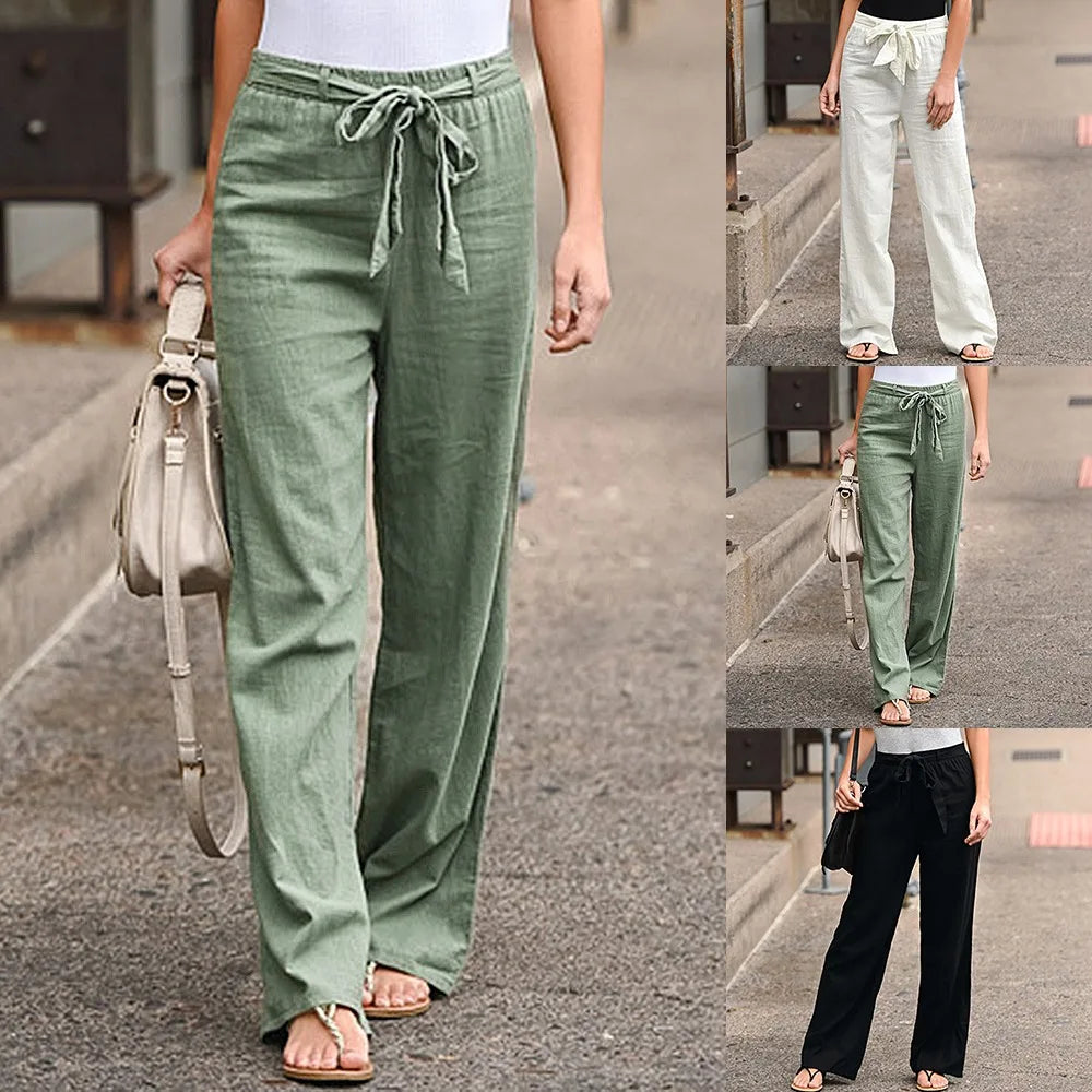 Women Linen Cotton Pants Wide Leg Casual Summer Solid Color