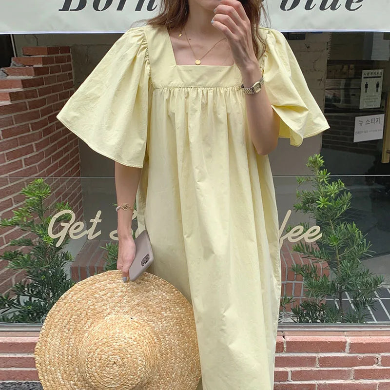 Women Summer Long Dress Minimalist Temperament Square Neck Loose Pleated Flying Sleeves Casual
